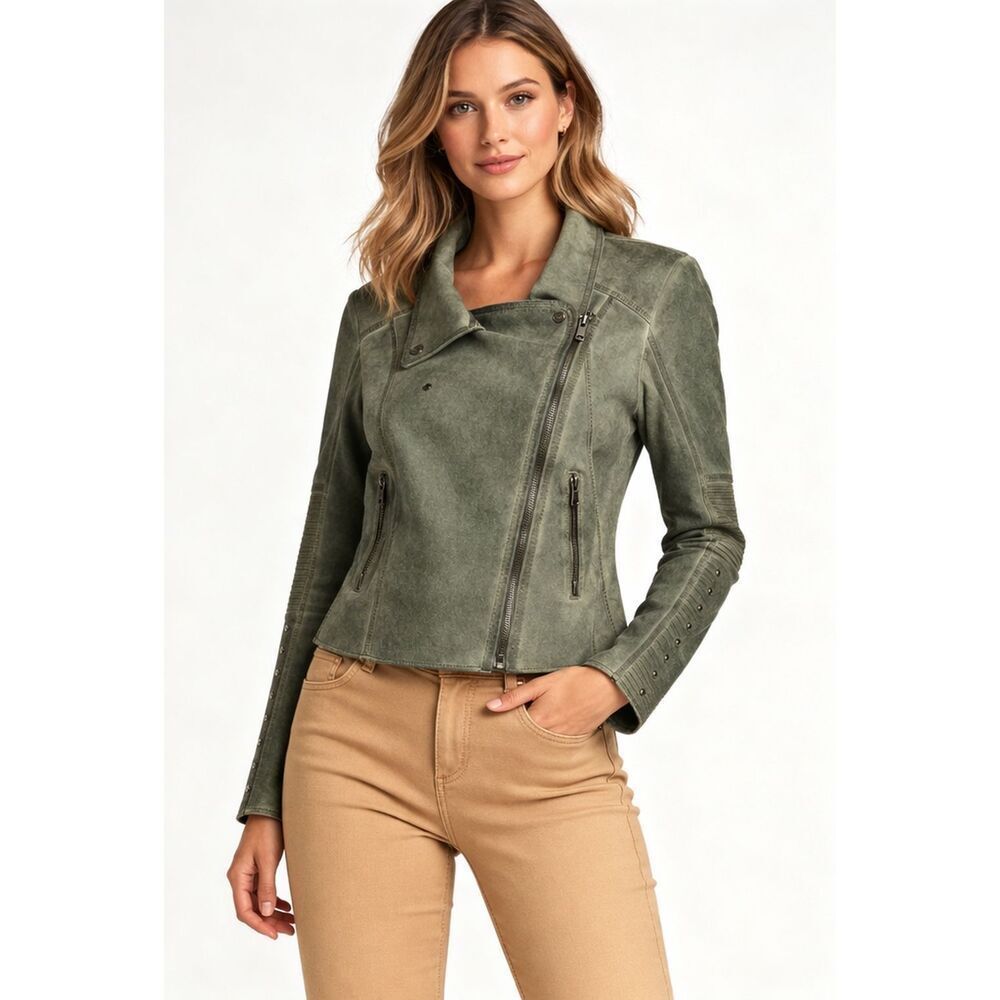 Marrakech Olive Moto Jacket Green Faux Suede Studded Women M